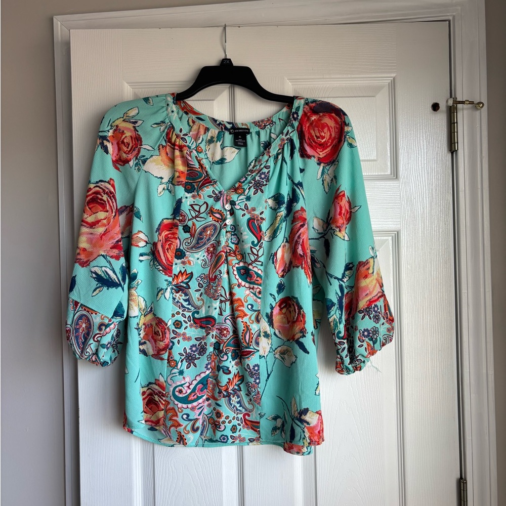 New Directions Floral Blouse - Teal and Red